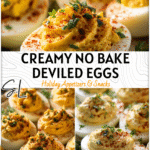 Golden deviled eggs garnished with paprika and herbs on a festive Thanksgiving plate. 2